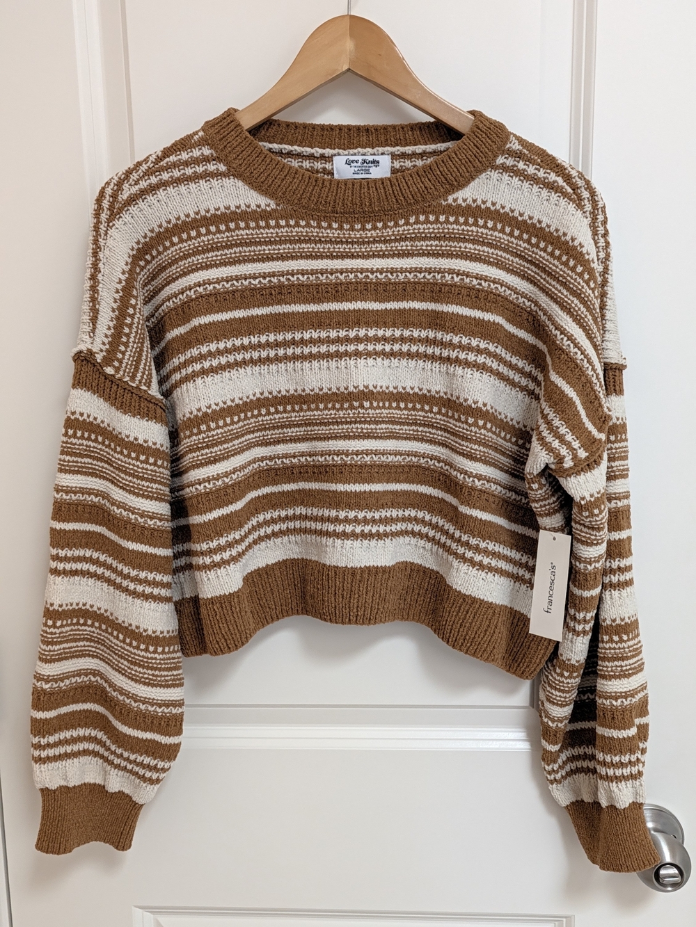 NWT Love Knits NYC By Francesca's Cropped Striped Sweater - Camel & Cream